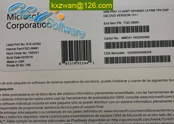Chiave a tubo di attivazione di vendita al dettaglio di chiave dell'OEM di Windows 10 di lingua spagnola pro